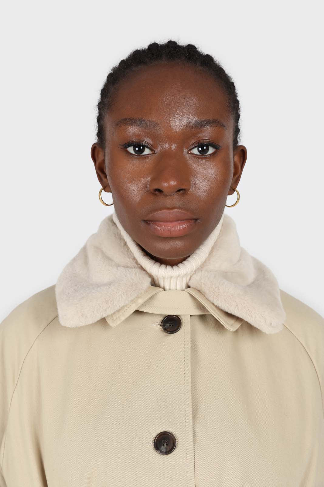 Light beige faux fur collar lined trench coat