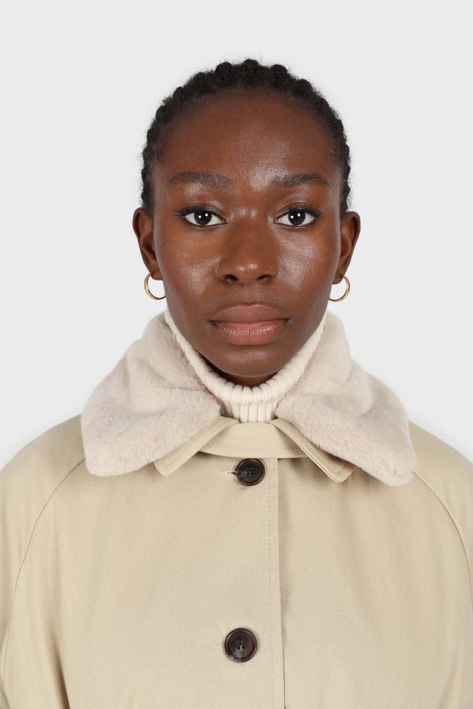 Light beige faux fur collar lined trench coat_5