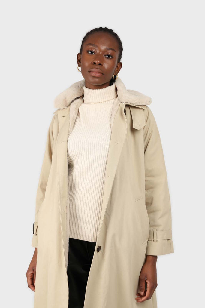 Light beige faux fur collar lined trench coat_6