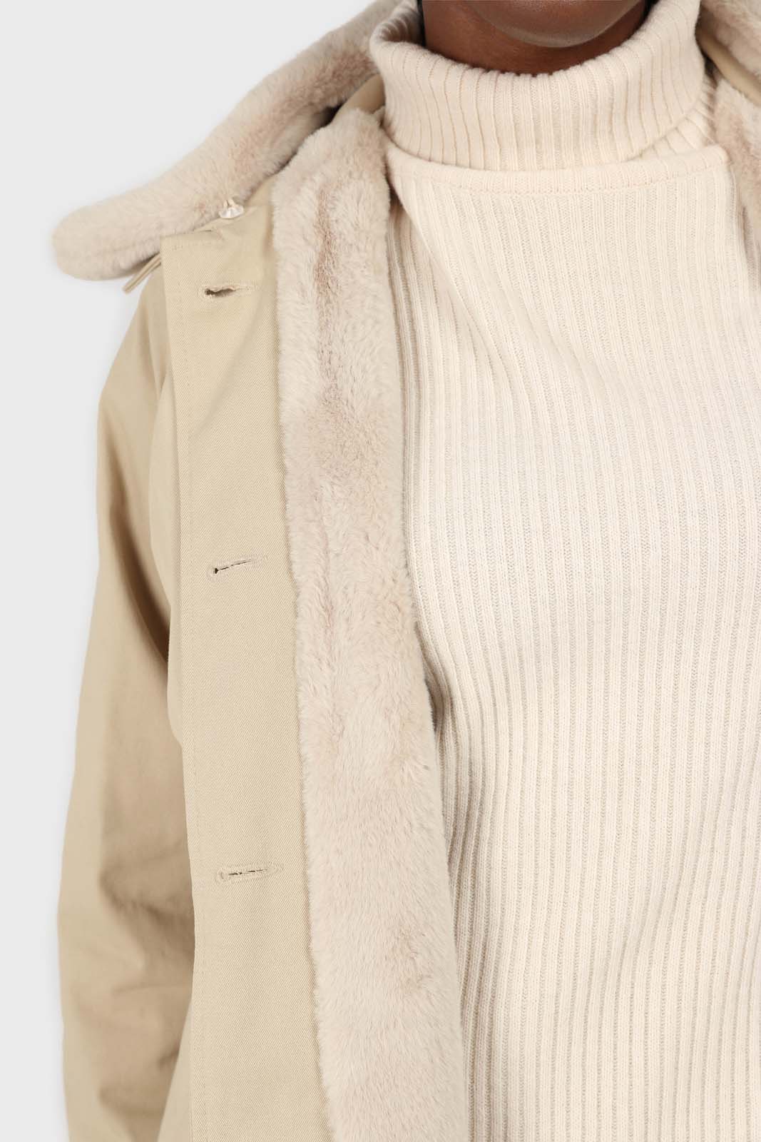 Light beige faux fur collar lined trench coat