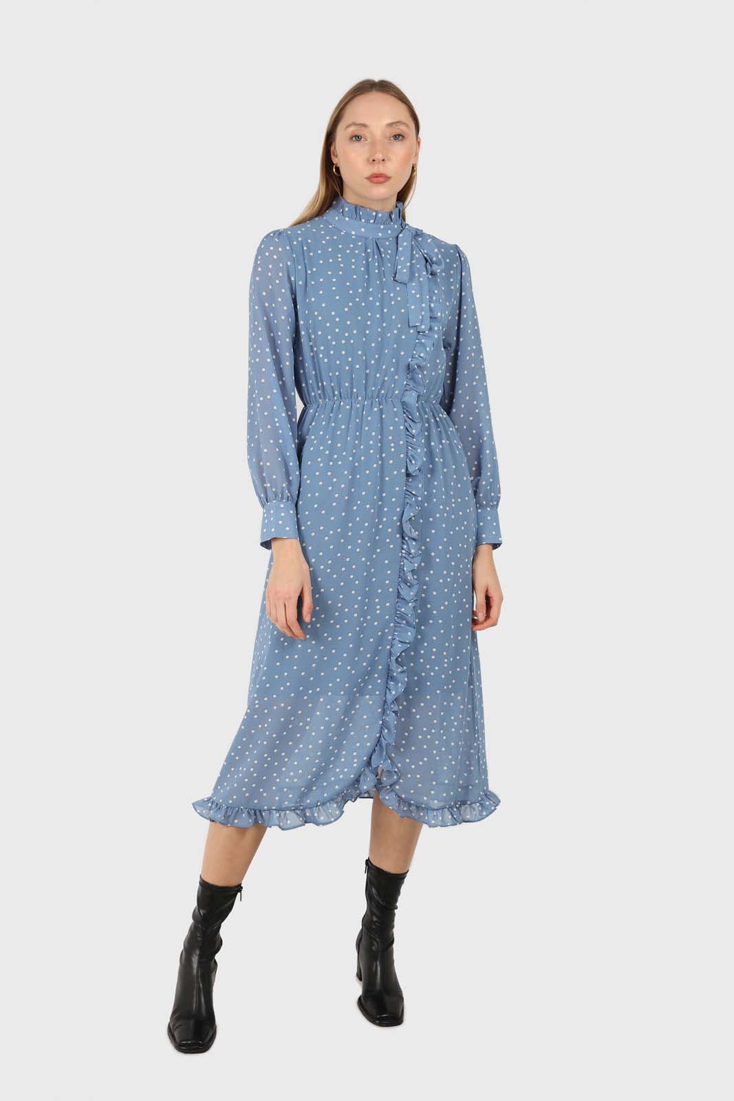 Pale blue and white polka dot ruffle trim maxi dress_1