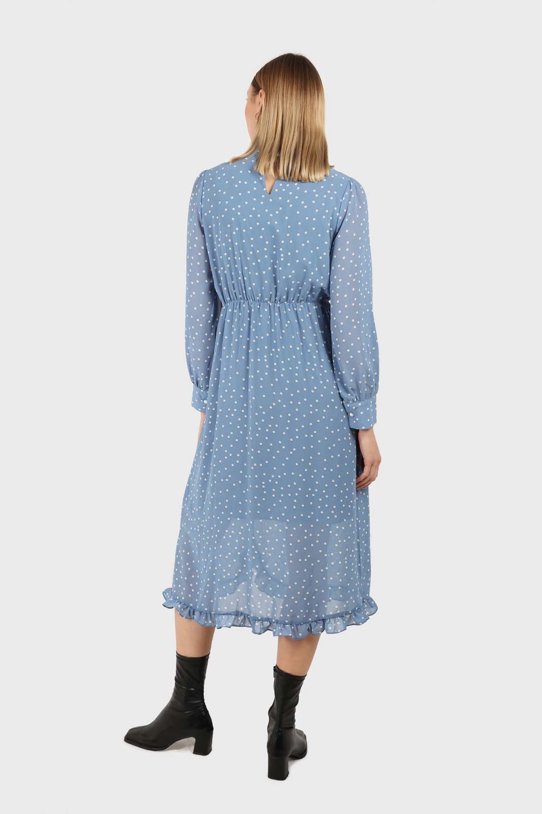 Pale blue and white polka dot ruffle trim maxi dress_3
