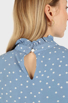 Pale blue and white polka dot ruffle trim maxi dress_6