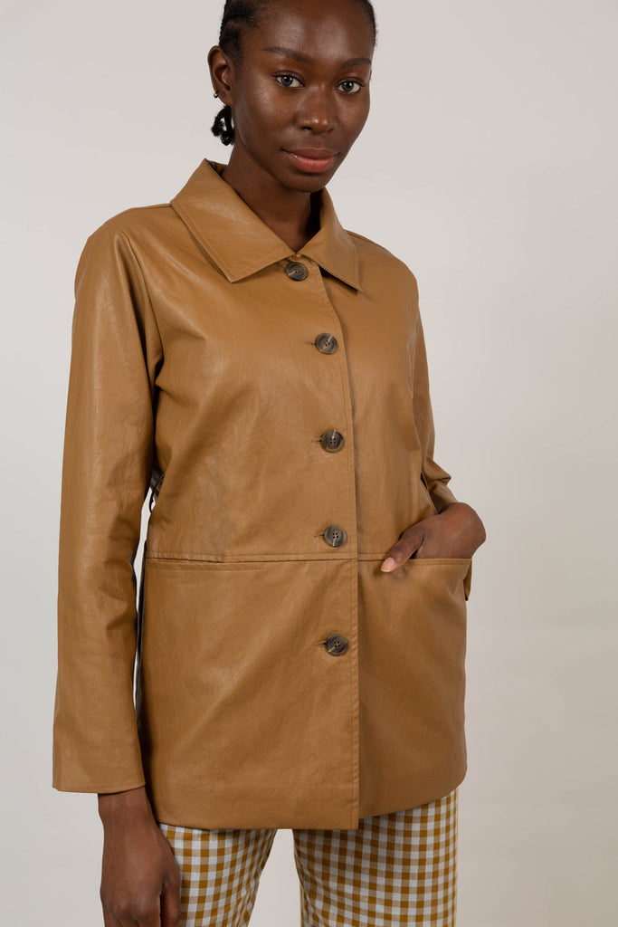 Brown vegan leather belted jacket_1
