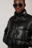 Black vegan leather cropped puffer jacket_1
