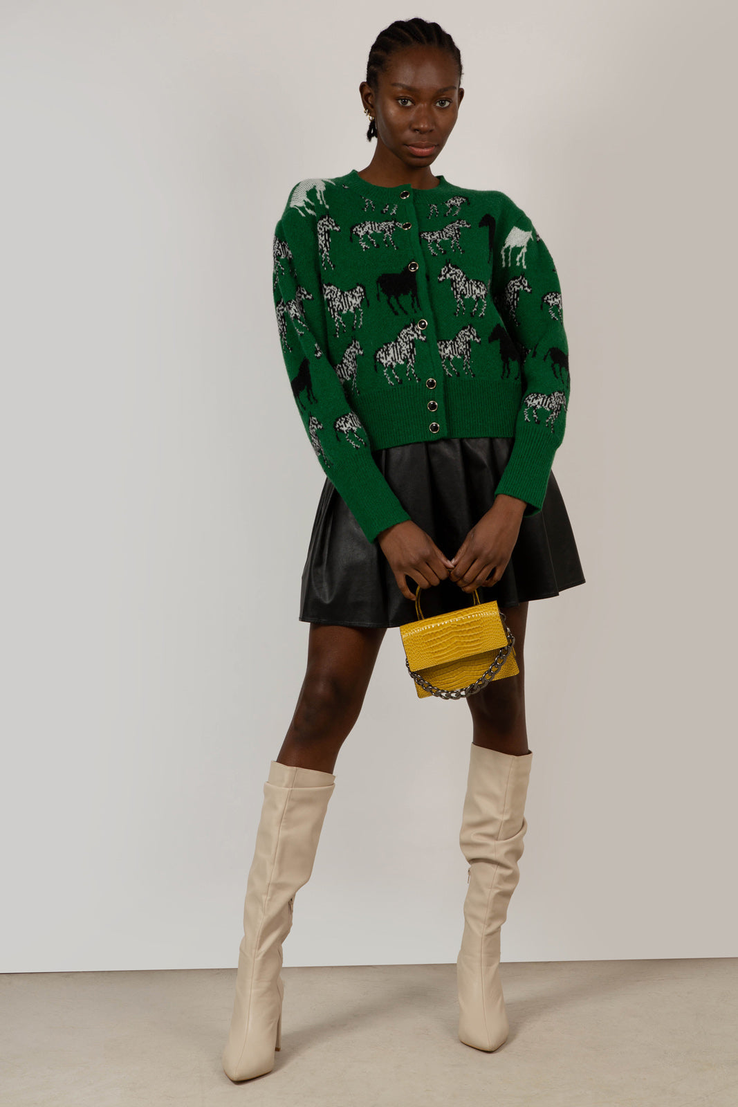 Green zebra intarsia puff sleeved cardigan_7