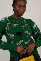 Green zebra intarsia puff sleeved cardigan_1