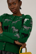 Green zebra intarsia puff sleeved cardigan_3