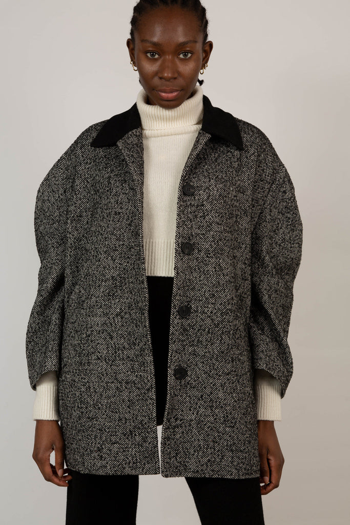 Black herringbone wool blend short coat_9