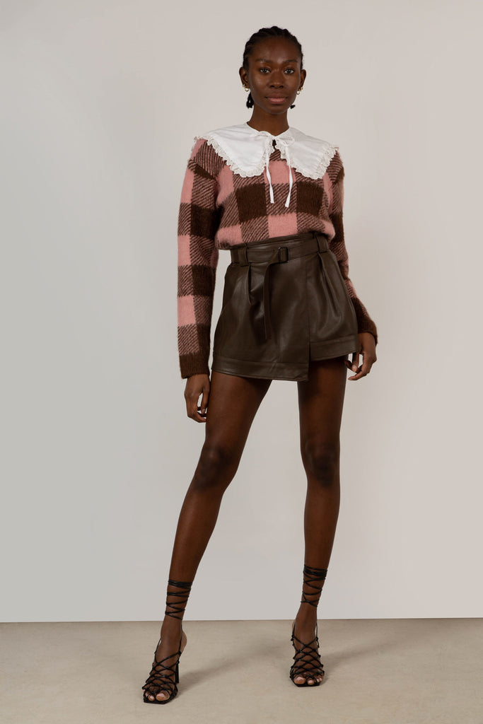 Brown belted vegan leather mini skirt_2