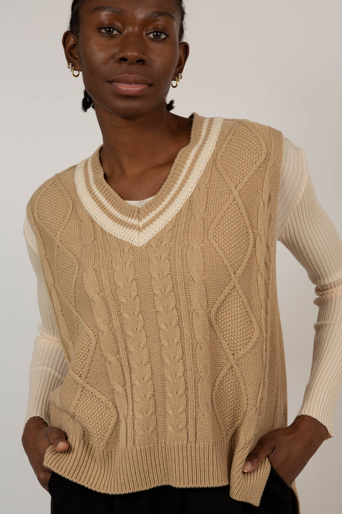 Beige and ivory varsity trim sweater vest_1