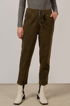 Khaki corduroy loose fit drawstring trousers_1