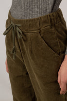 Khaki corduroy loose fit drawstring trousers_6