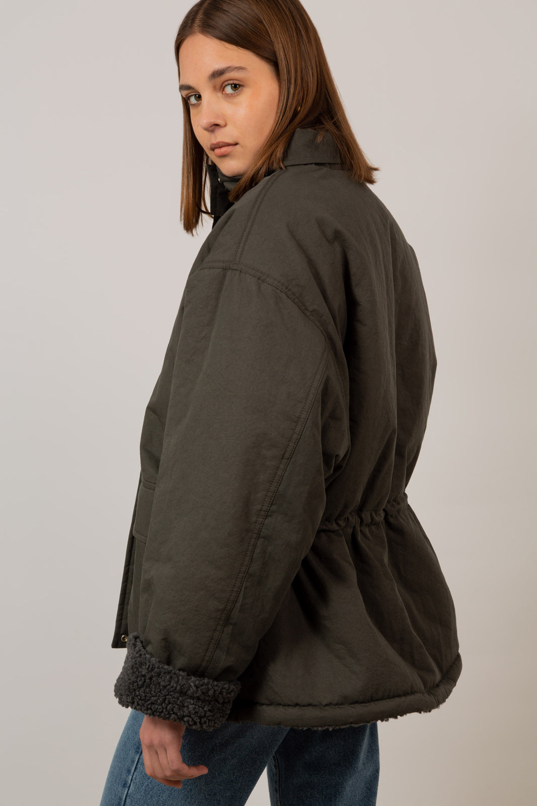 Charcoal teddy lined cinch back parka
