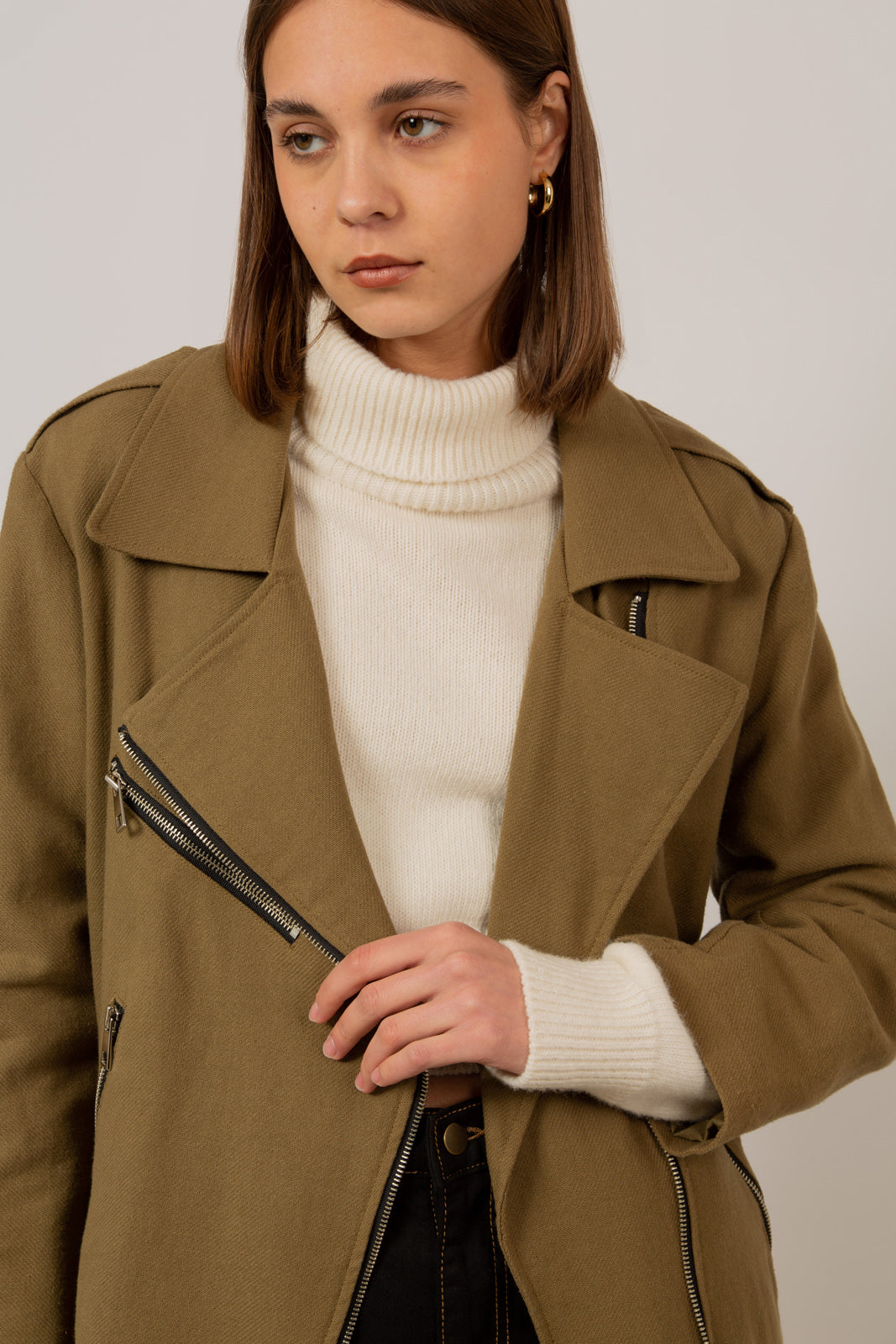 Khaki oversized belted rider jacket_11