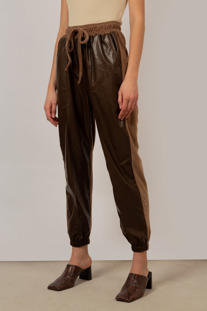 Brown velvet and vegan leather trousers_1