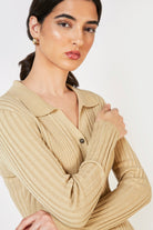 Beige ribbed knit shirt dress_11