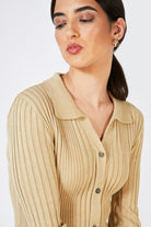 Beige ribbed knit shirt dress_4