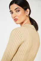 Beige ribbed knit shirt dress_13