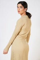 Beige ribbed knit shirt dress_10
