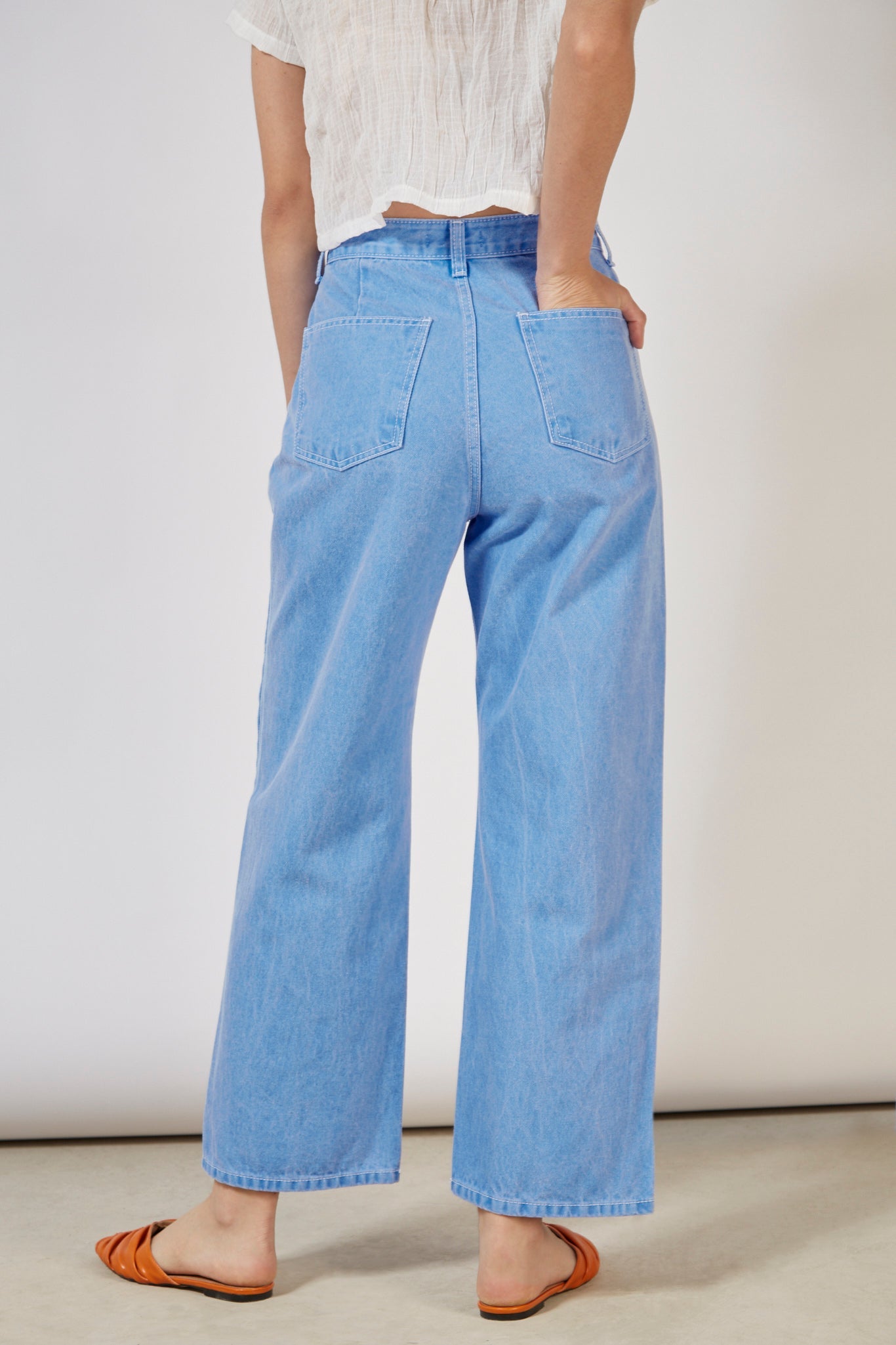 Bright blue contrast stitch button waist jeans_4