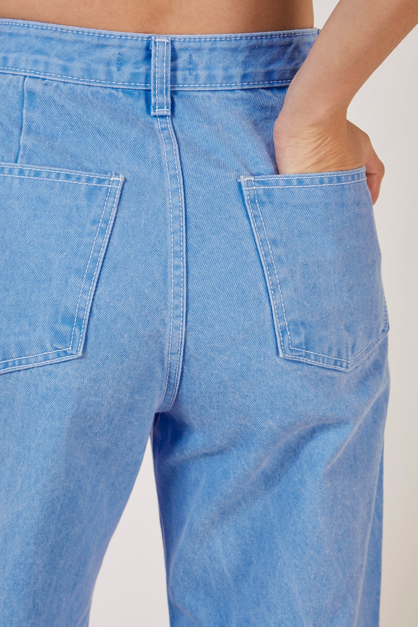 Bright blue contrast stitch button waist jeans