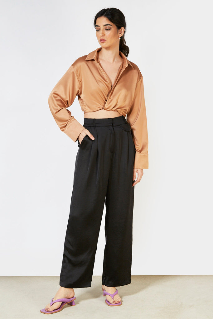 Brown satin thin tie front blouse_9