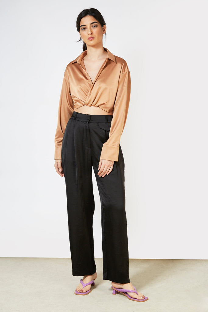 Brown satin thin tie front blouse_1