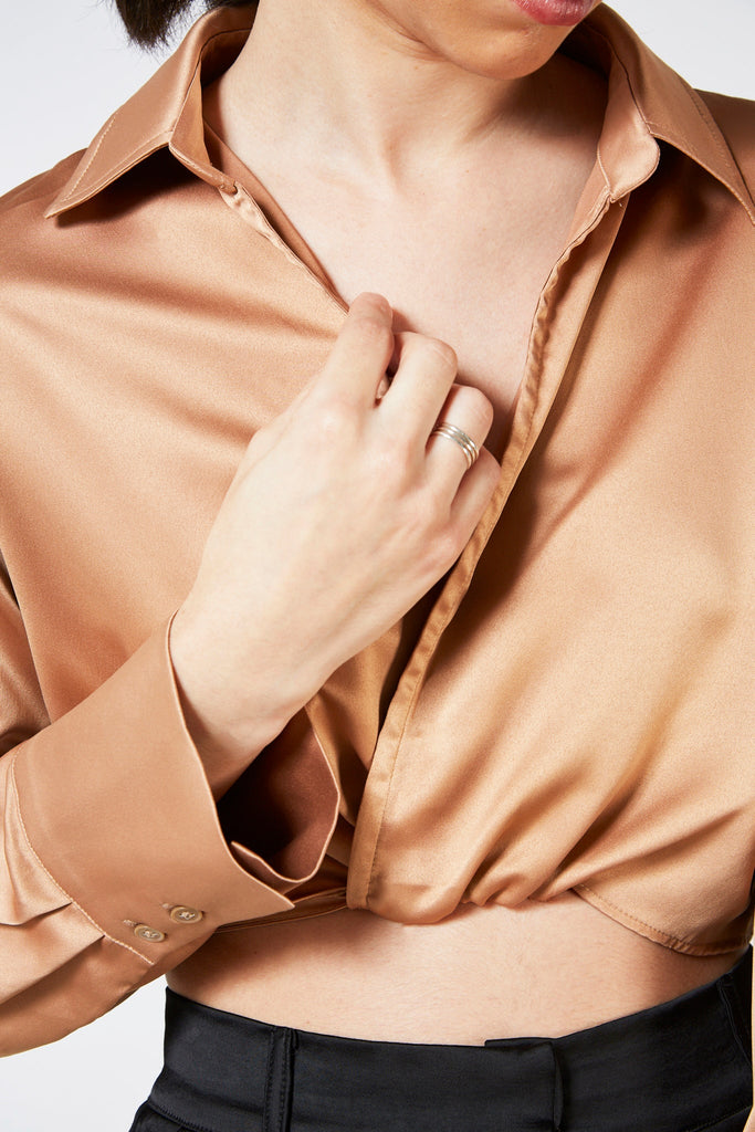 Brown satin thin tie front blouse_4