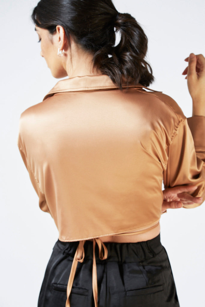 Brown satin thin tie front blouse_11