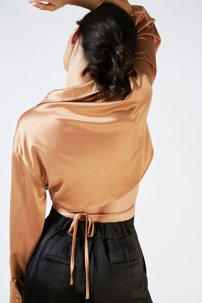 Brown satin thin tie front blouse_6