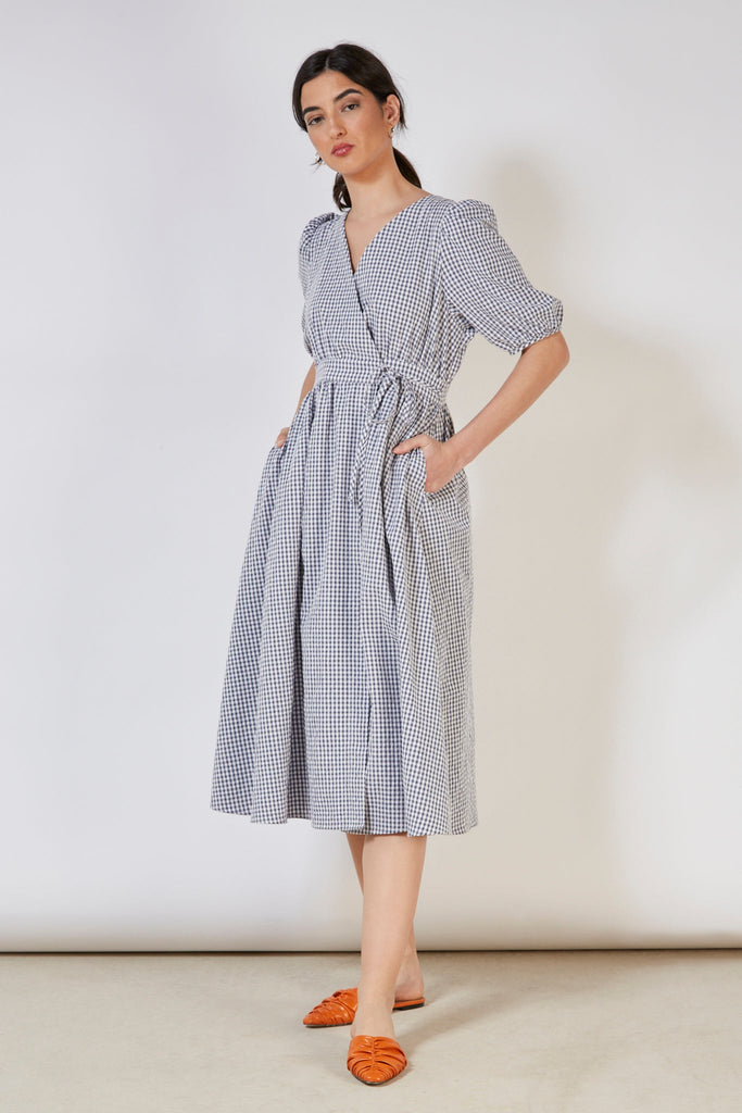 Navy and white gingham wrap dress_1