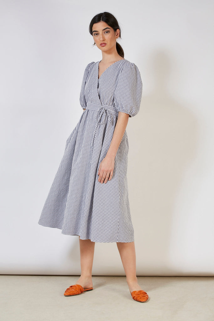 Navy and white gingham wrap dress_5