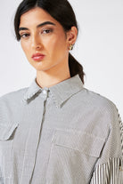 Grey and white contrast thin striped tie waist dress_12