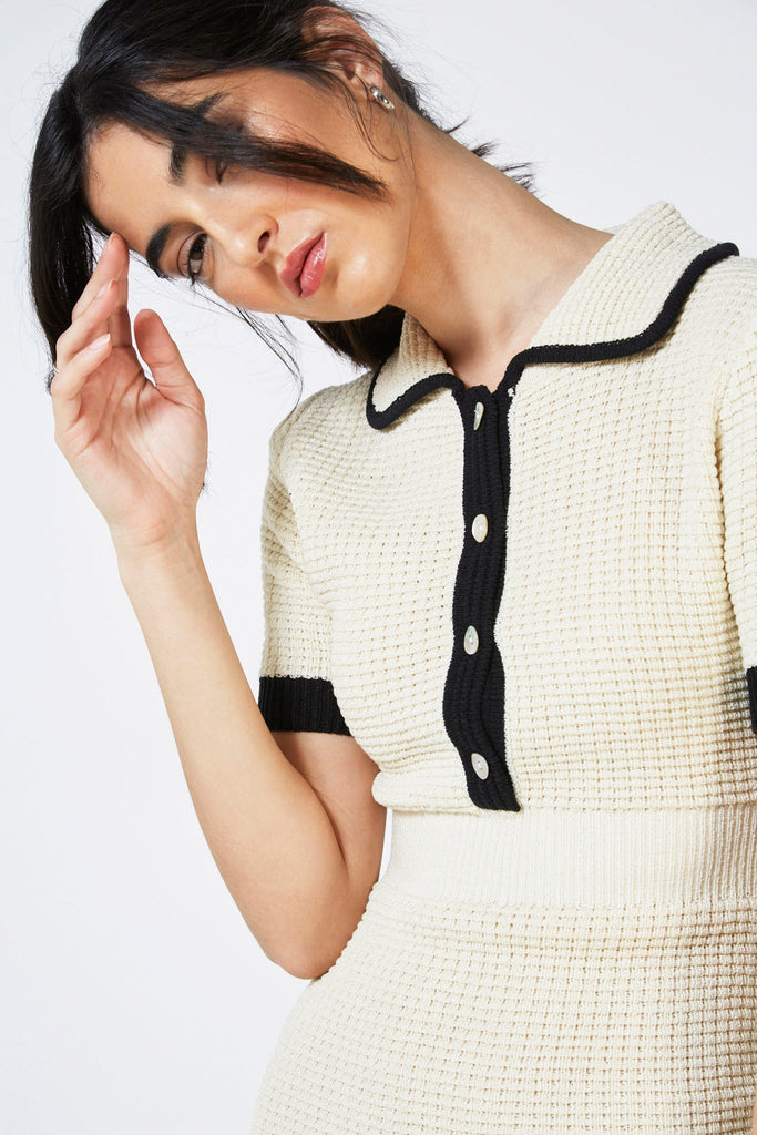 Ivory and black trim polo knit dress_8