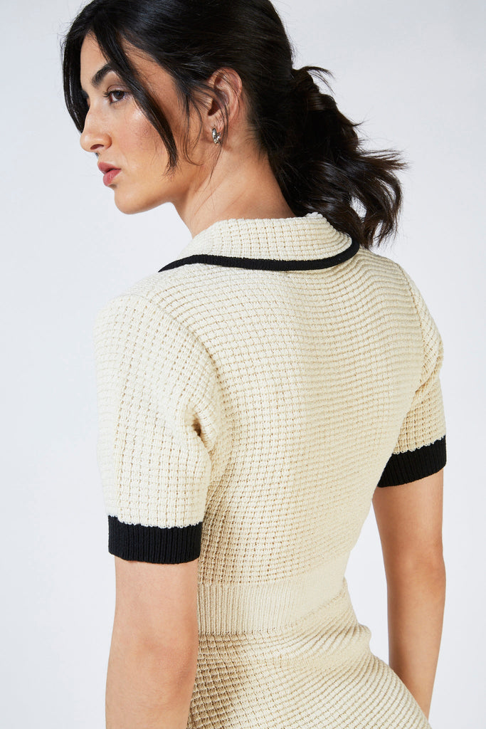Ivory and black trim polo knit dress_4