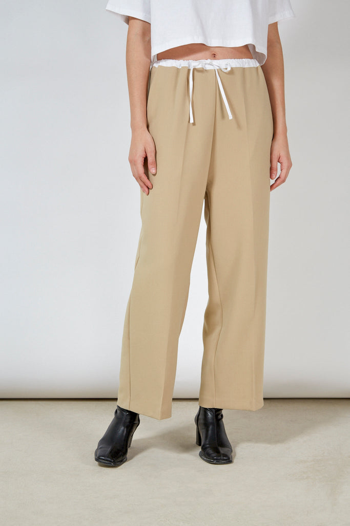 Beige and ivory contrast waist trousers_1