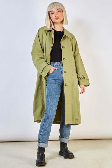 Khaki concealed back button trench coat