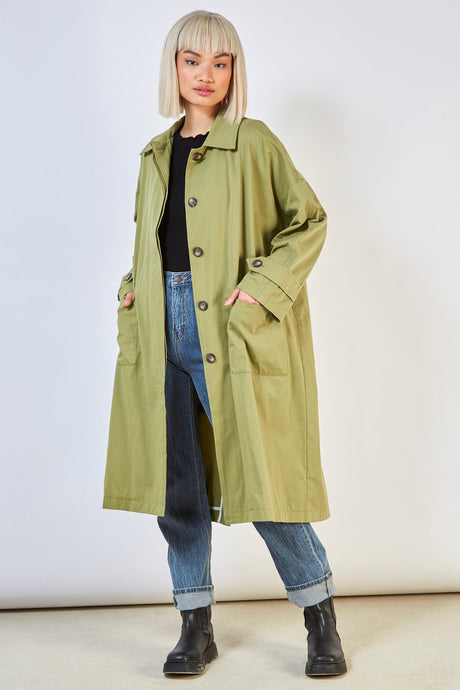 Khaki concealed back button trench coat