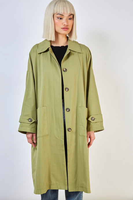 Khaki concealed back button trench coat