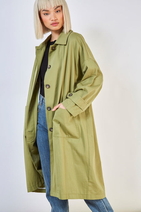 Khaki concealed back button trench coat