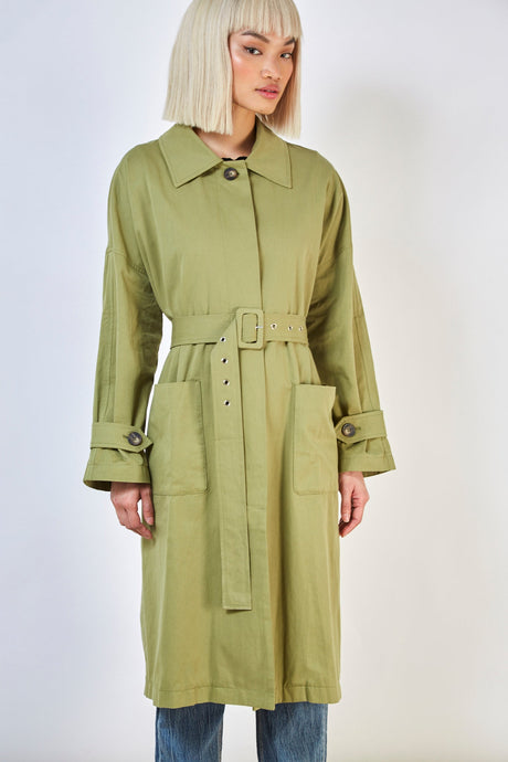 Khaki concealed back button trench coat