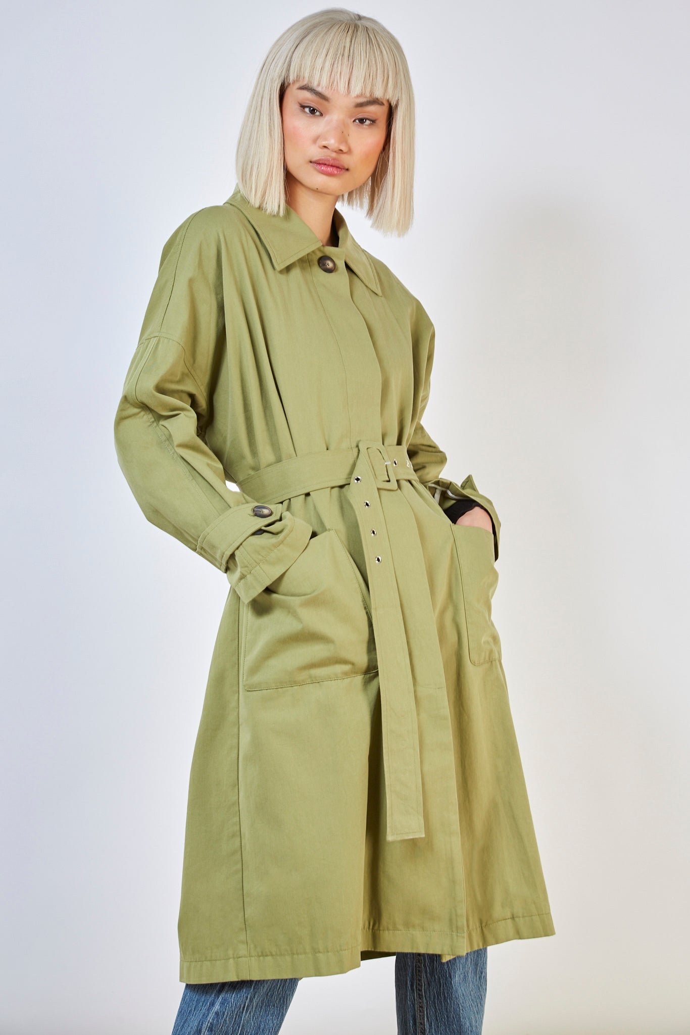 Khaki concealed back button trench coat