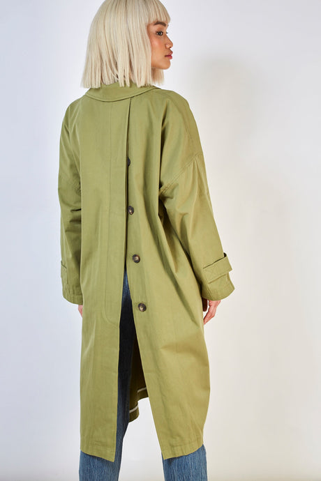 Khaki concealed back button trench coat