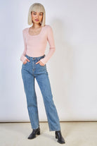 Pink square neck knit top_1