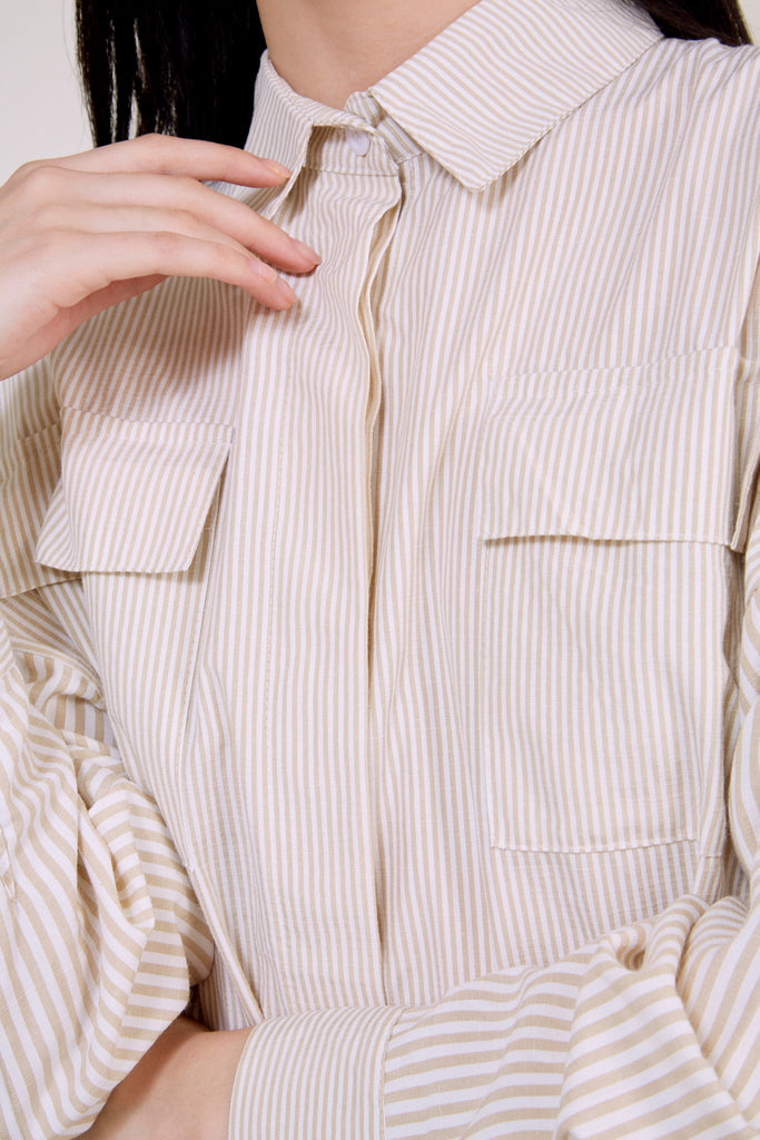 Beige and white contrast thin striped tie waist dress_6