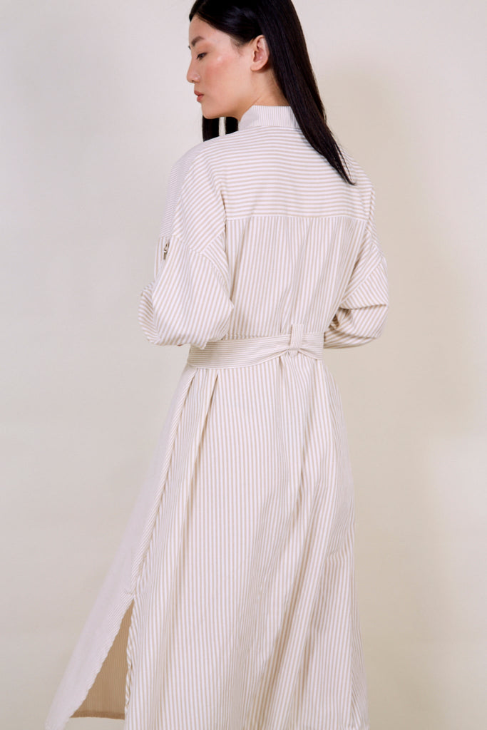 Beige and white contrast thin striped tie waist dress_3