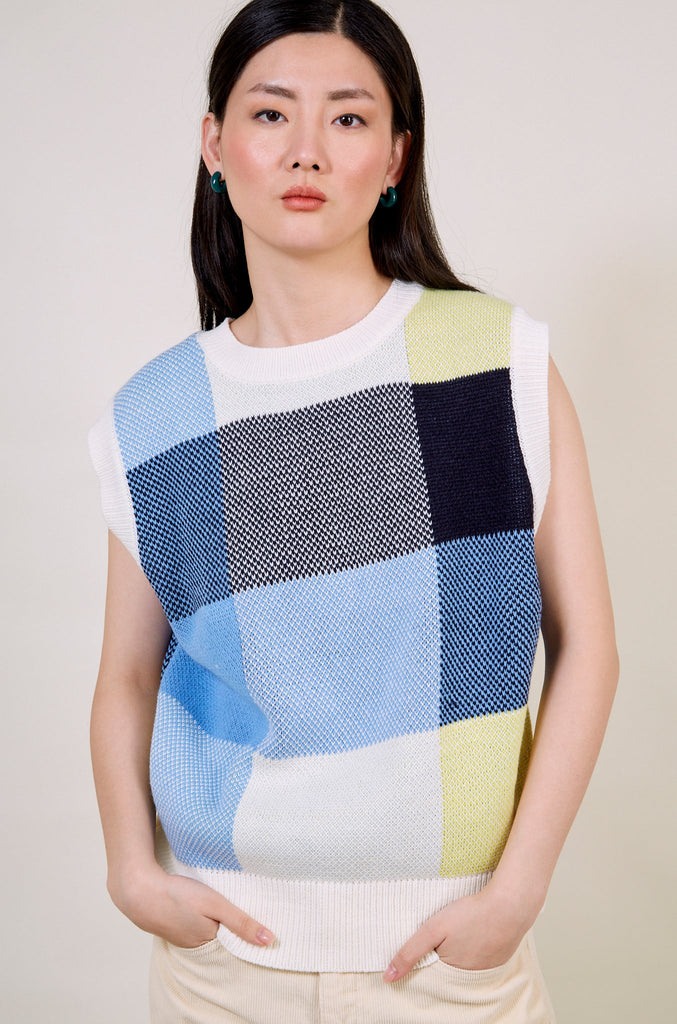 Blue yellow and ivory giant check sweater vest_2