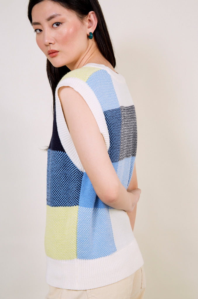 Blue yellow and ivory giant check sweater vest_3