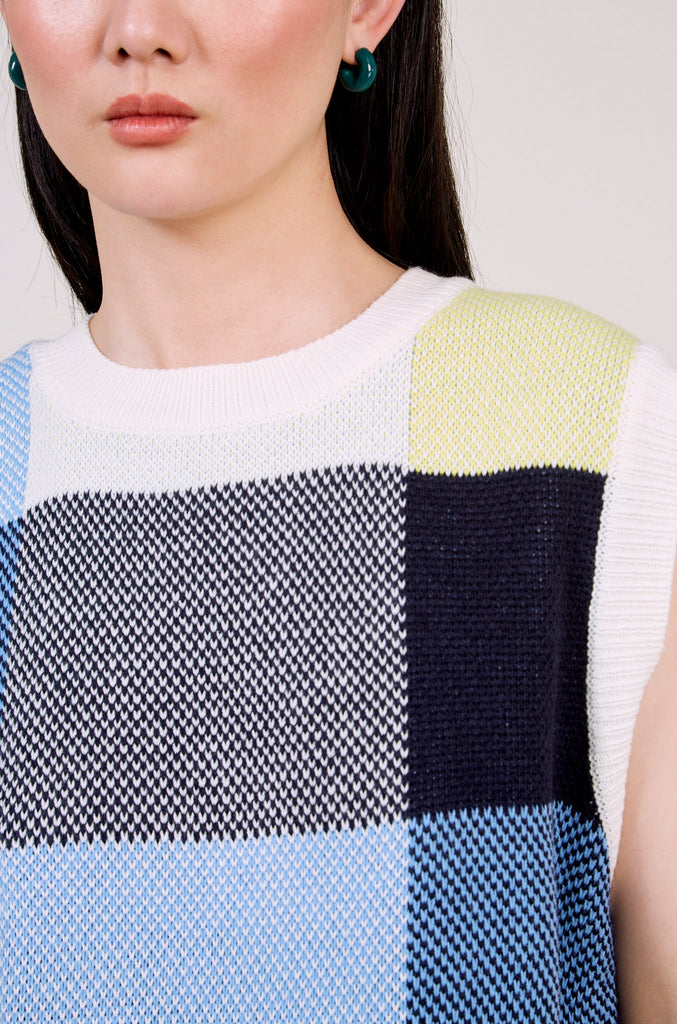 Blue yellow and ivory giant check sweater vest_4